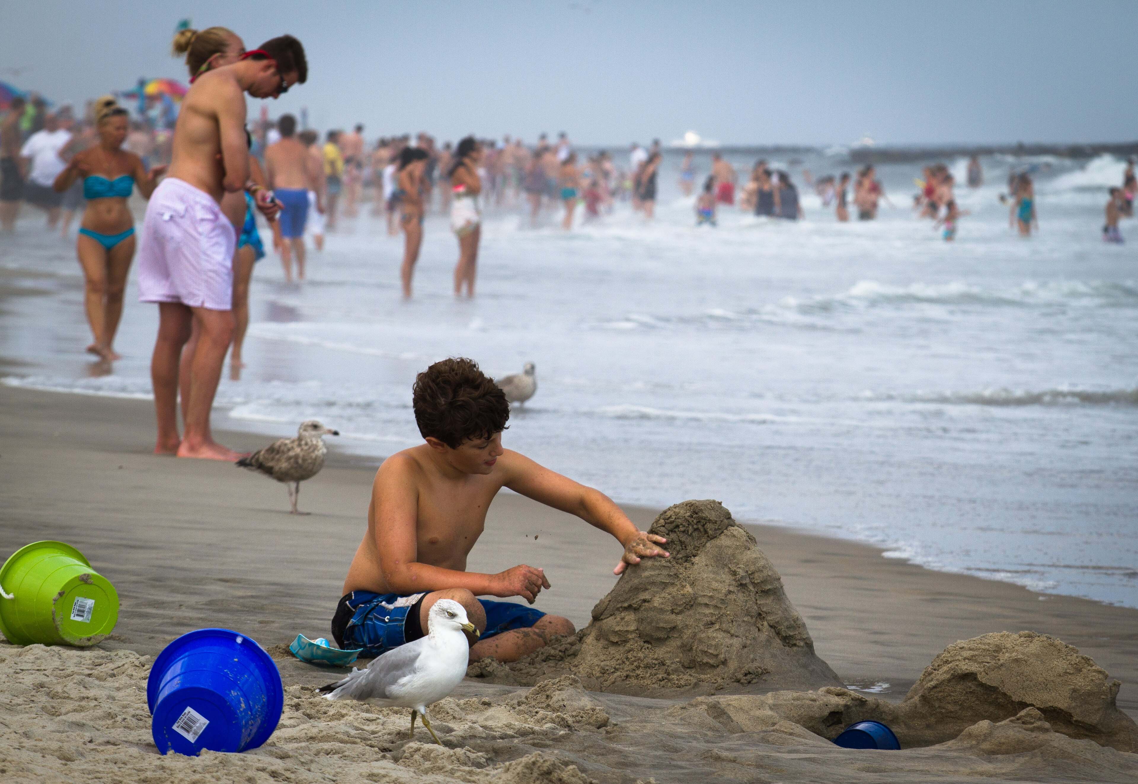 A boy builds a sand mound at the waterline in Belmar while a gull stands nearby and swimmers wade in the surf.